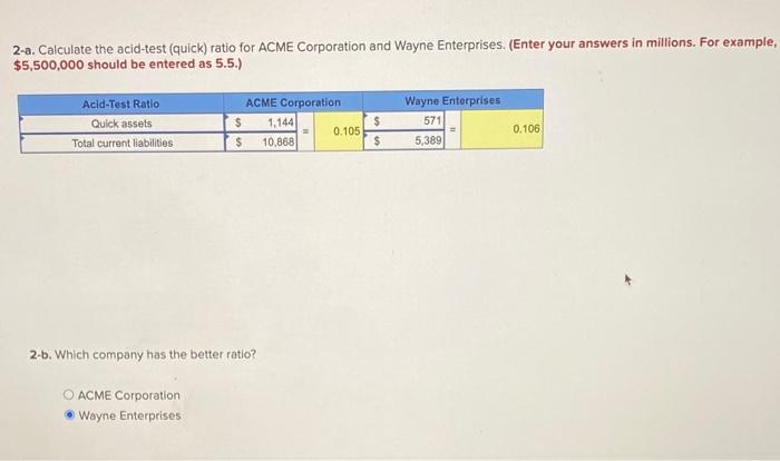 current assets and current liabilities for ACME Corporation and Wayne Enterprises, are