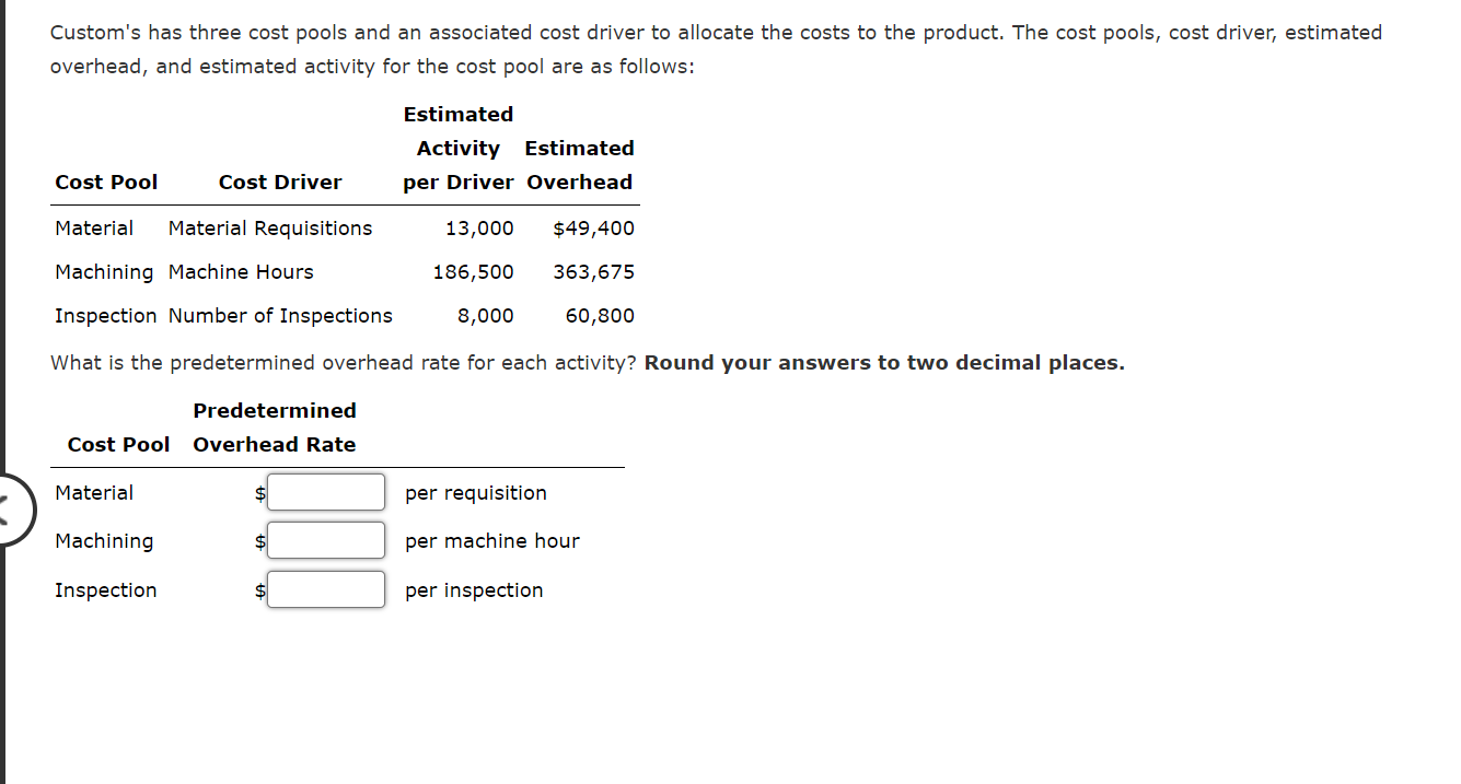  Custom's has three cost pools and an associated cost driver to