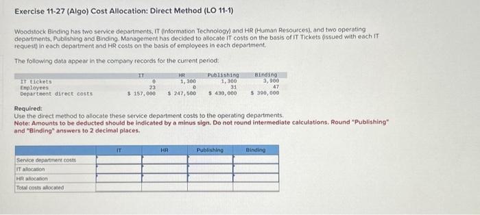  Exercise 11-27 (Algo) Cost Allocation: Direct Method (LO 11-1) Woodstock Binding