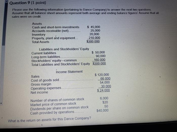  Question 9 (1 point) Please use the following information (pertaining to