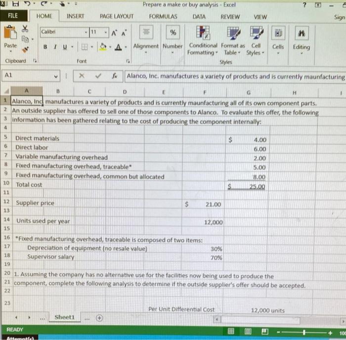  XH Prepare a make or buy analysis - Excel 1 FILE