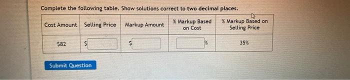  Complete the following table. Show solutions correct to two decimal places.