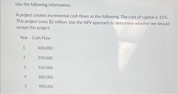  Use the following information: A project creates incremental cash flows as