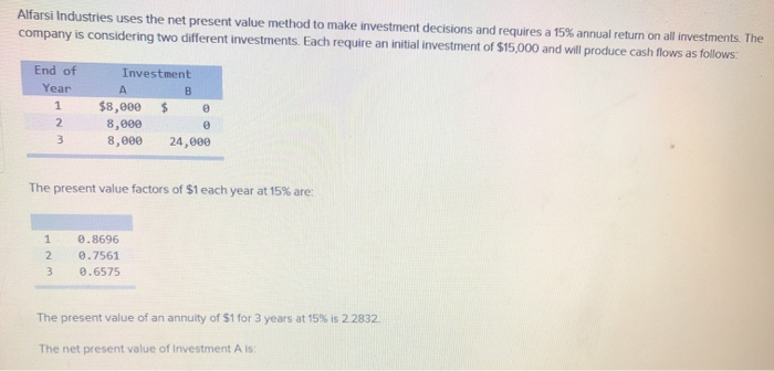  Alfarsi Industries uses the net present value method to make investment