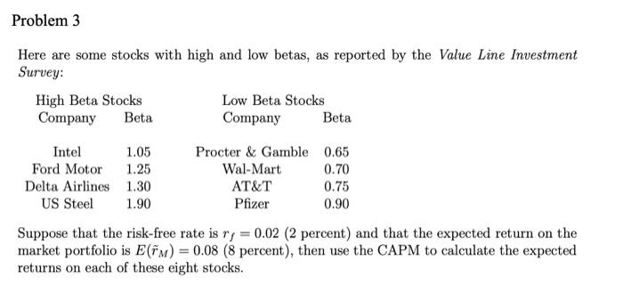  Problem 3 Here are some stocks with high and low betas,