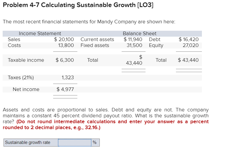 Problem 4-7 Calculating Sustainable Growth [LO3] The most recent financial statements