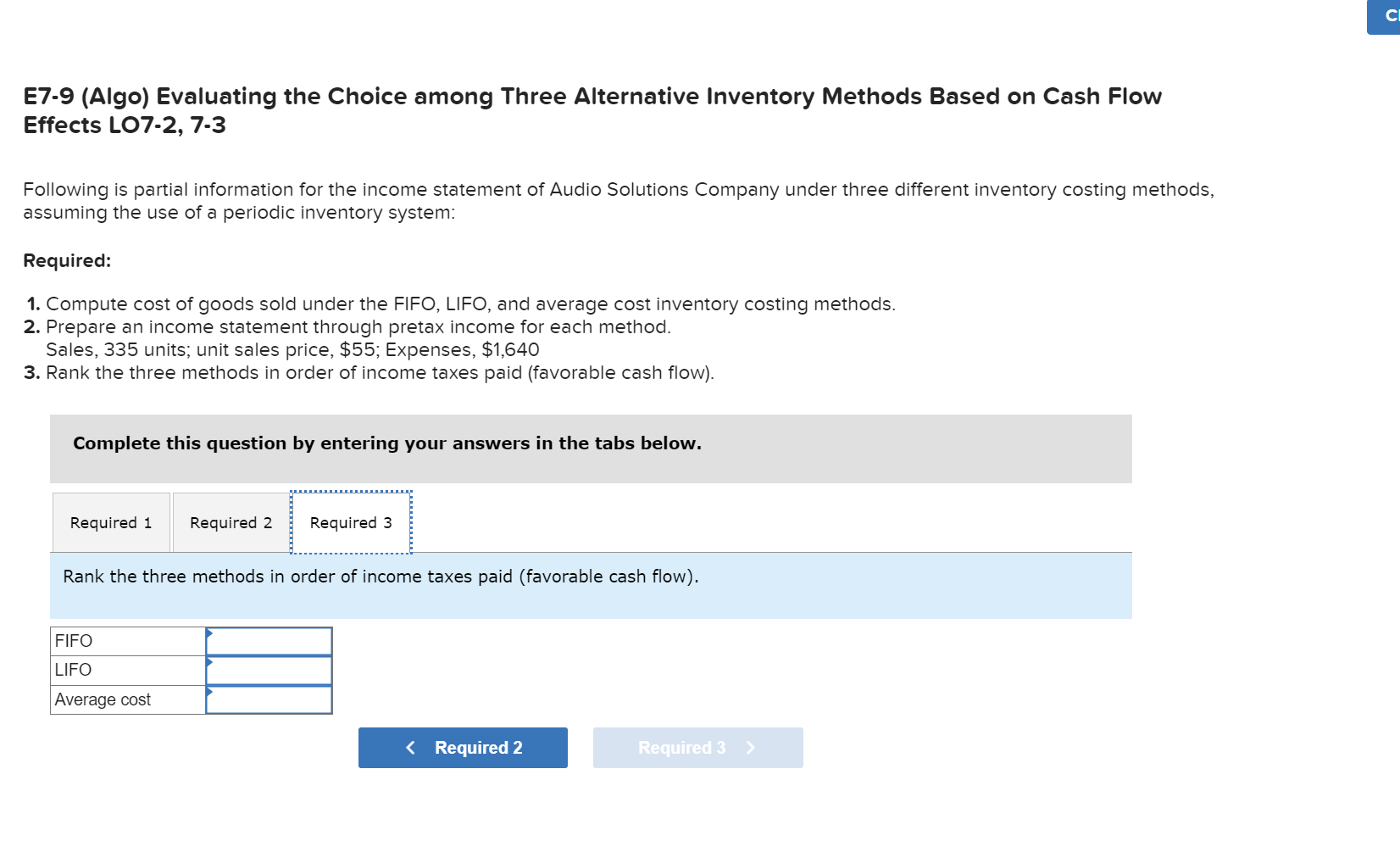 income statement of Audio Solutions Company under three different inventory costing methods,