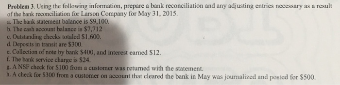  Problem 3. Using the following information, prepare a bank reconciliation and