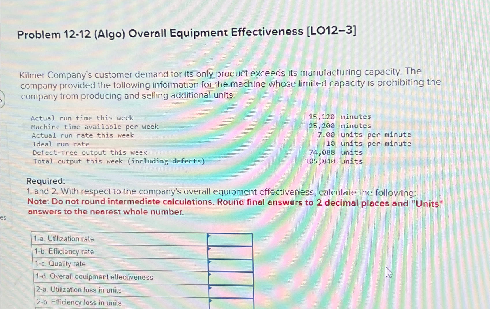  Problem 12-12(Algo) Overall Equipment Effectiveness [LO12-3] Kilmer Company's customer demand for