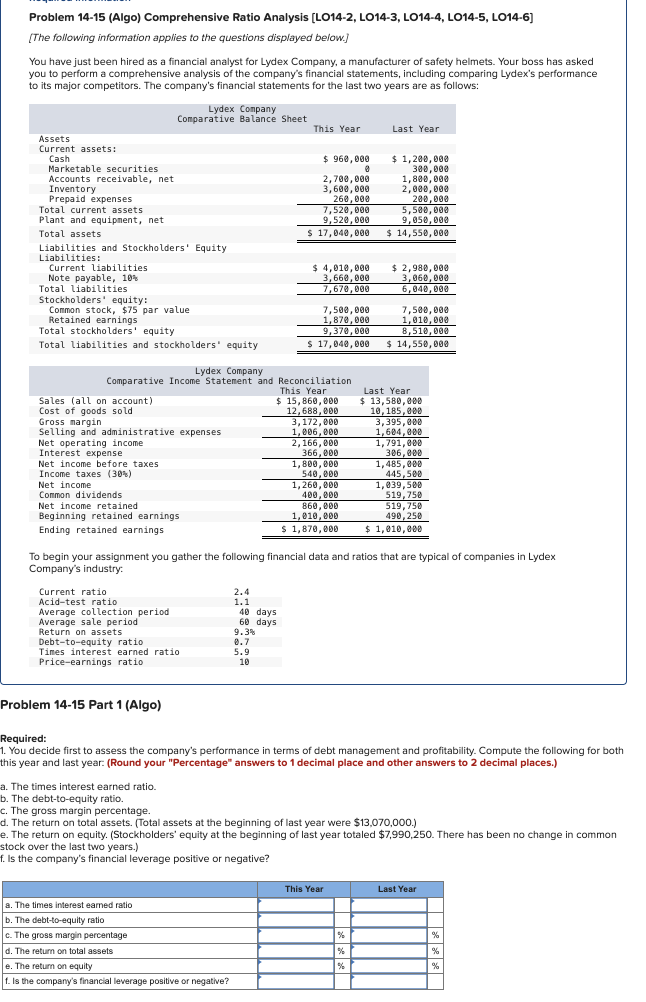  Problem 14-15(Algo) Comprehensive Ratio Analysis [LO14-2, LO14-3, LO14-4, LO14-5, LO14-6] [The