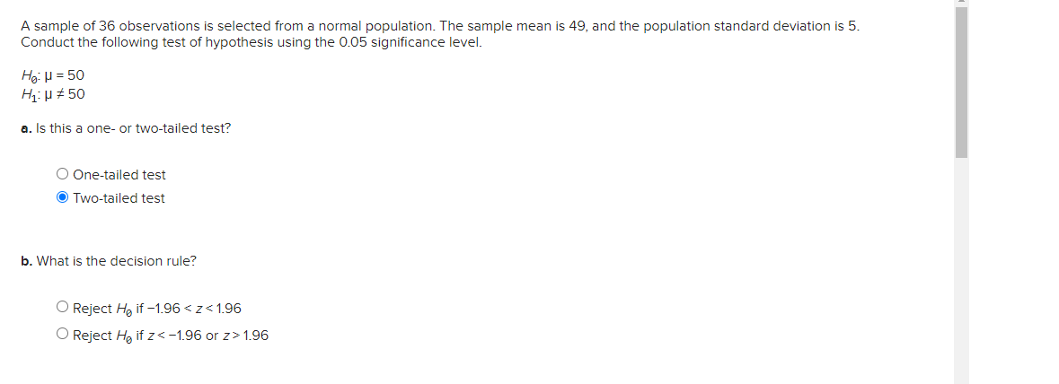  A sample of 36 observations is selected from a normal population.