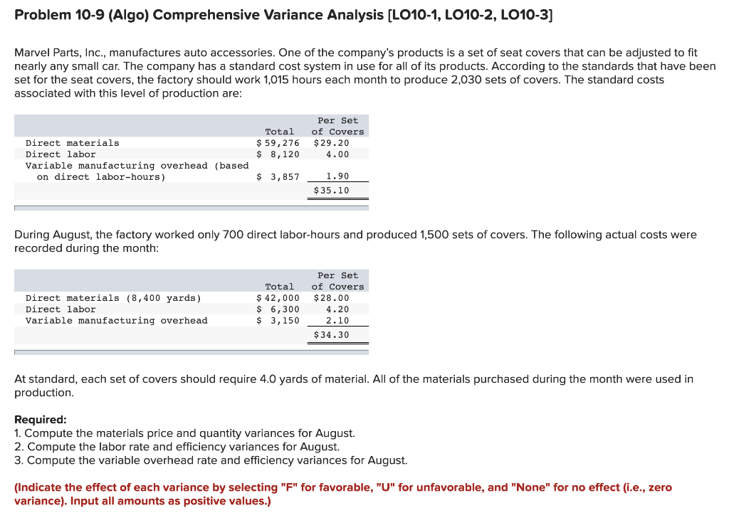  Problem 10-9 (Algo) Comprehensive Variance Analysis (LO10-1, LO10-2, LO10-3] Marvel Parts,