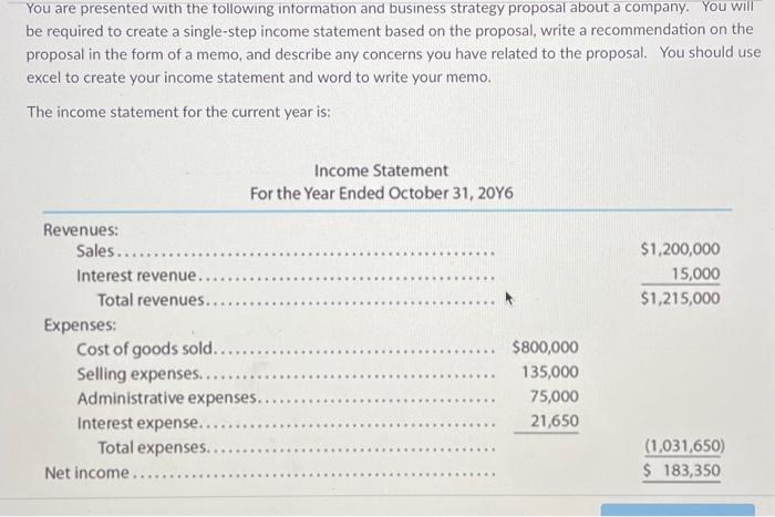  Create a single step income statement on the proposal using excel.