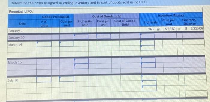 a perpetual inventory system. 1. Determine the costs assigned to ending inventory