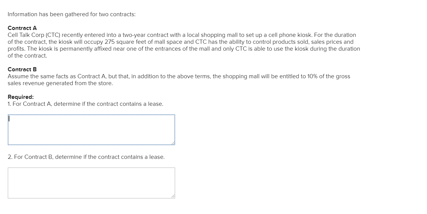 Information has been gathered for two contracts: Contract A Cell Talk