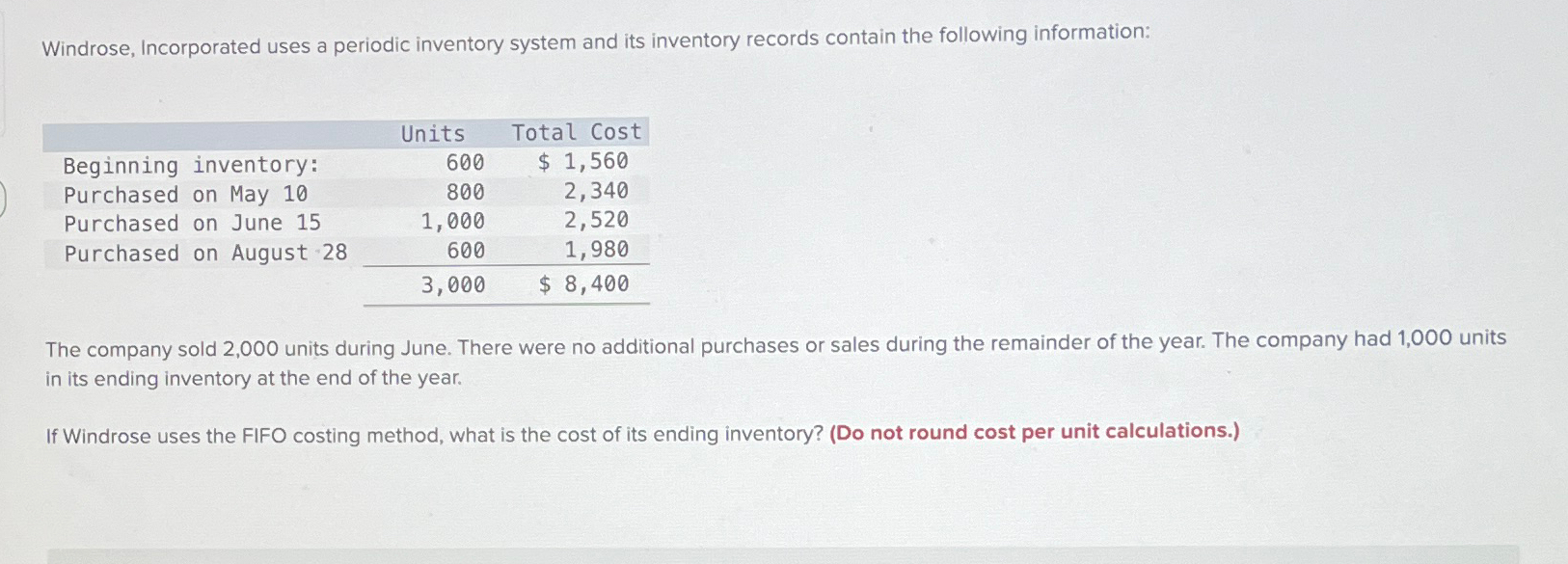 Windrose, Incorporated uses a periodic inventory system and its inventory records