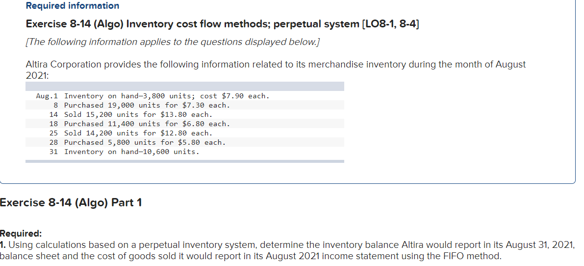  Required information Exercise 8-14 (Algo) Inventory cost flow methods; perpetual system