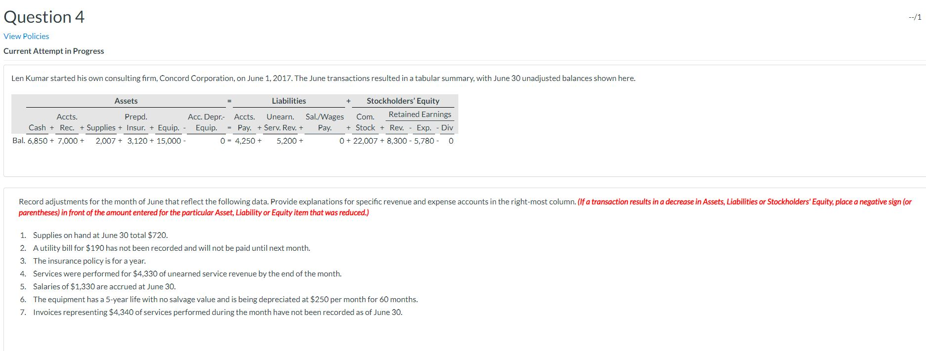  Question 4 --/1 View Policies Current Attempt in Progress Len Kumar