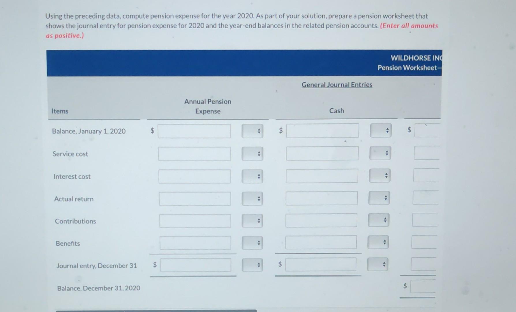  help Using the preceding data, compute pension expense for the year