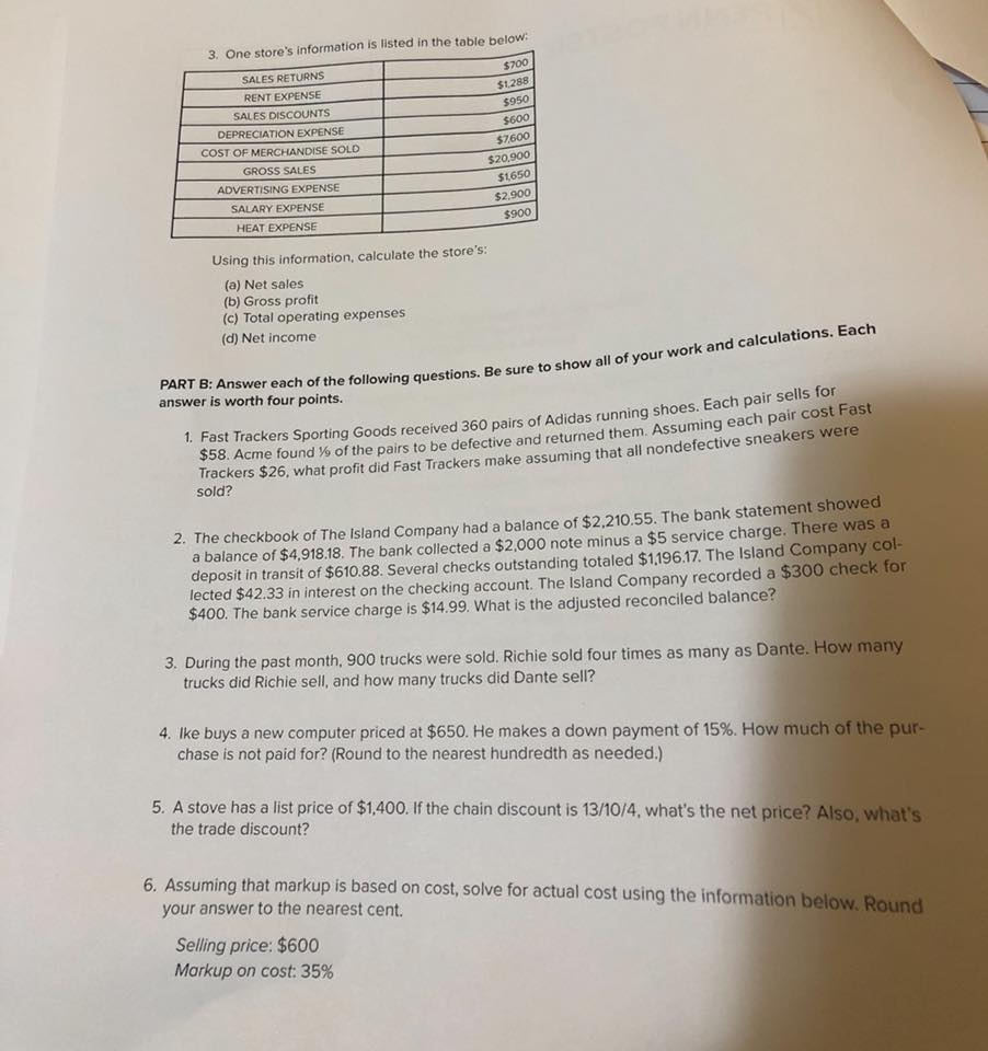  3. One store's information is listed in the table below: $700