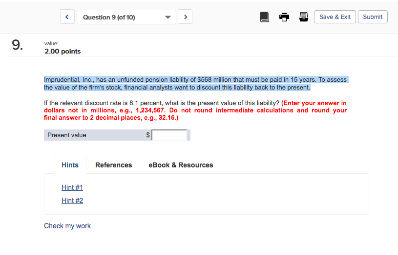 Question 9 (of 10) Save & Exit | | Submit value: