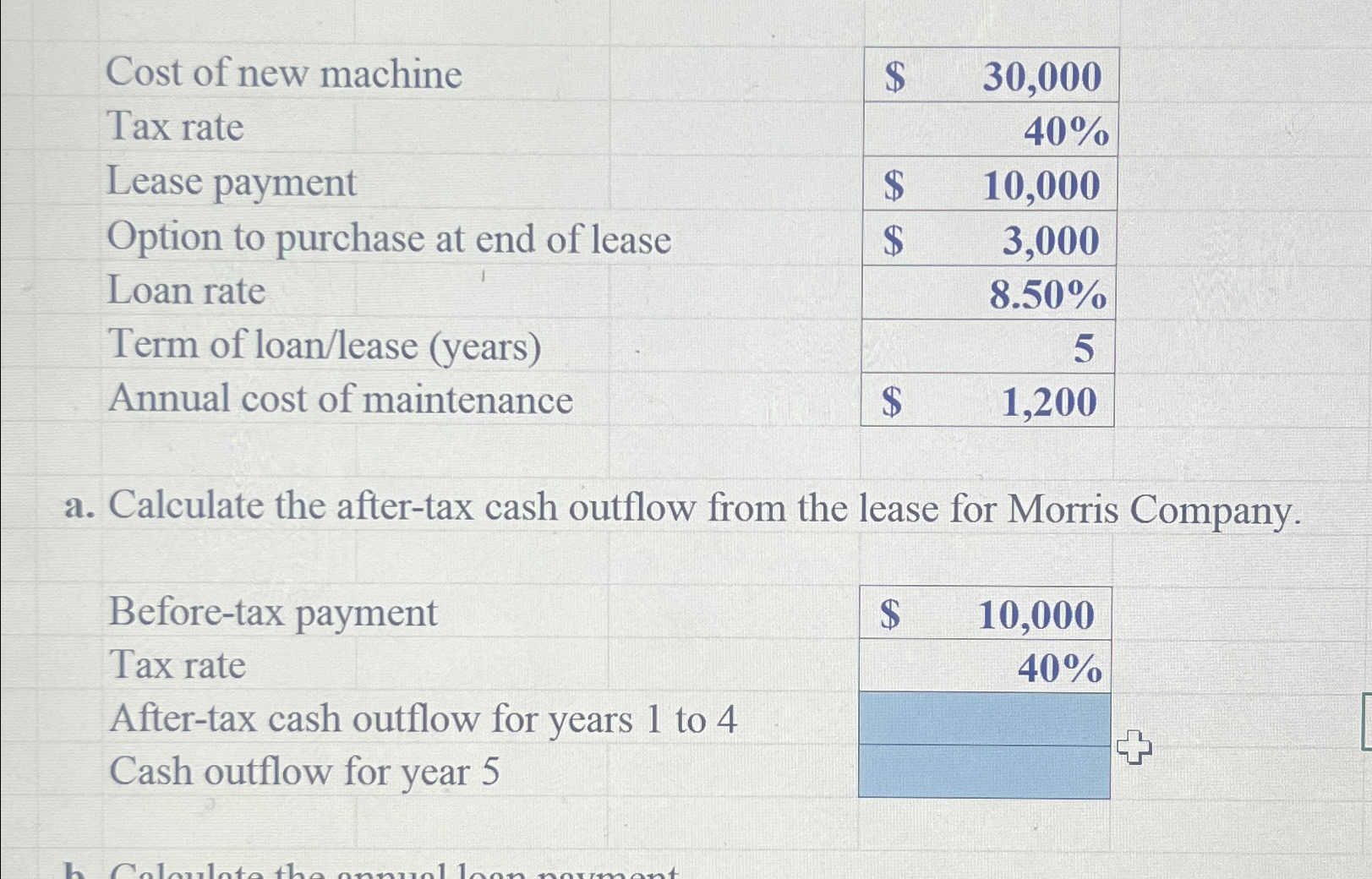  \table[[Cost of new machine,$,30,000],[Tax rate,40% 