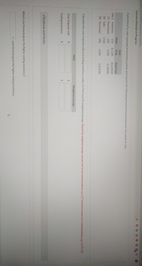  is.com/courses/349/assignment363894 Current Attempt in Progress Carla Vista Co. uses a perpetual