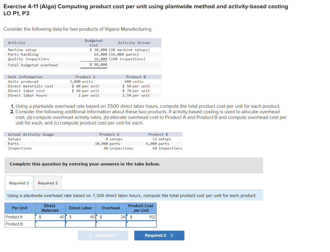  Exercise 4-11(Algo) Computing product cost per unit using plantwide method and