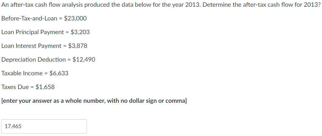  An after-tax cash flow analysis produced the data below for the