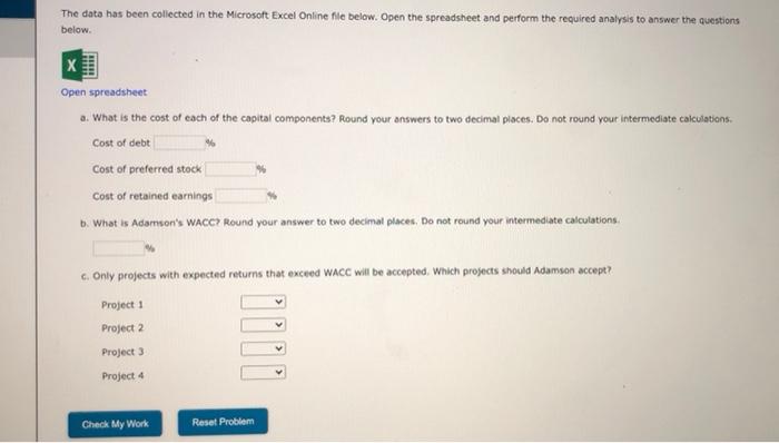 Adamson Corporation is considering four average-risk projects with the following costs and