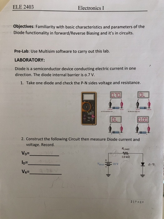  please write the conclustion ELE 2403 Electronics I Objectives: Familiarity with