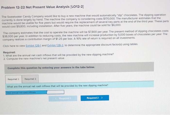  Problem 12-22 Net Present Value Analysis (LO12-2] The Sweetwater Candy Company