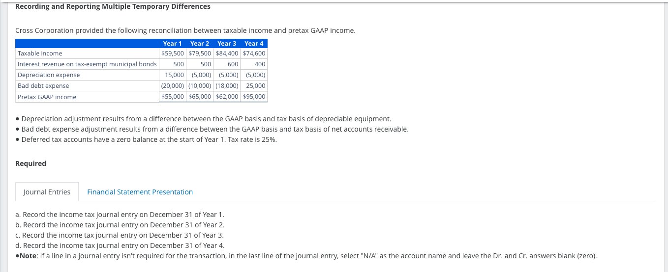  Recording and Reporting Multiple Temporary Differences Cross Corporation provided the following