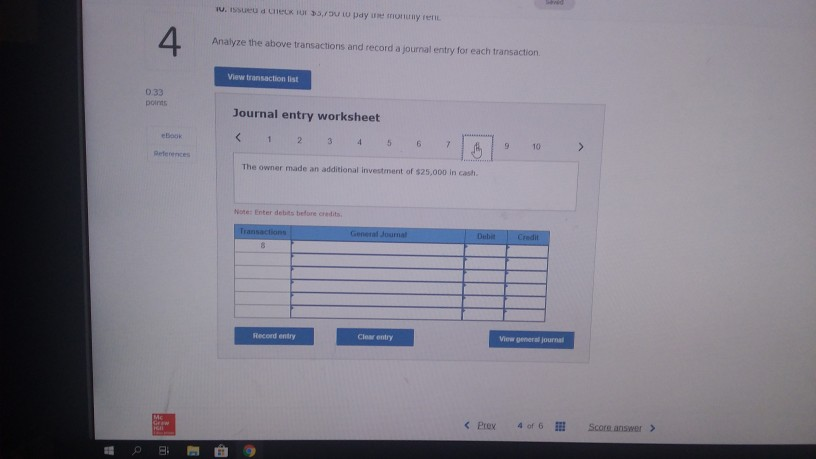 on account 6. Performed services for $15.250 in cash. 0.33 ponts 7.