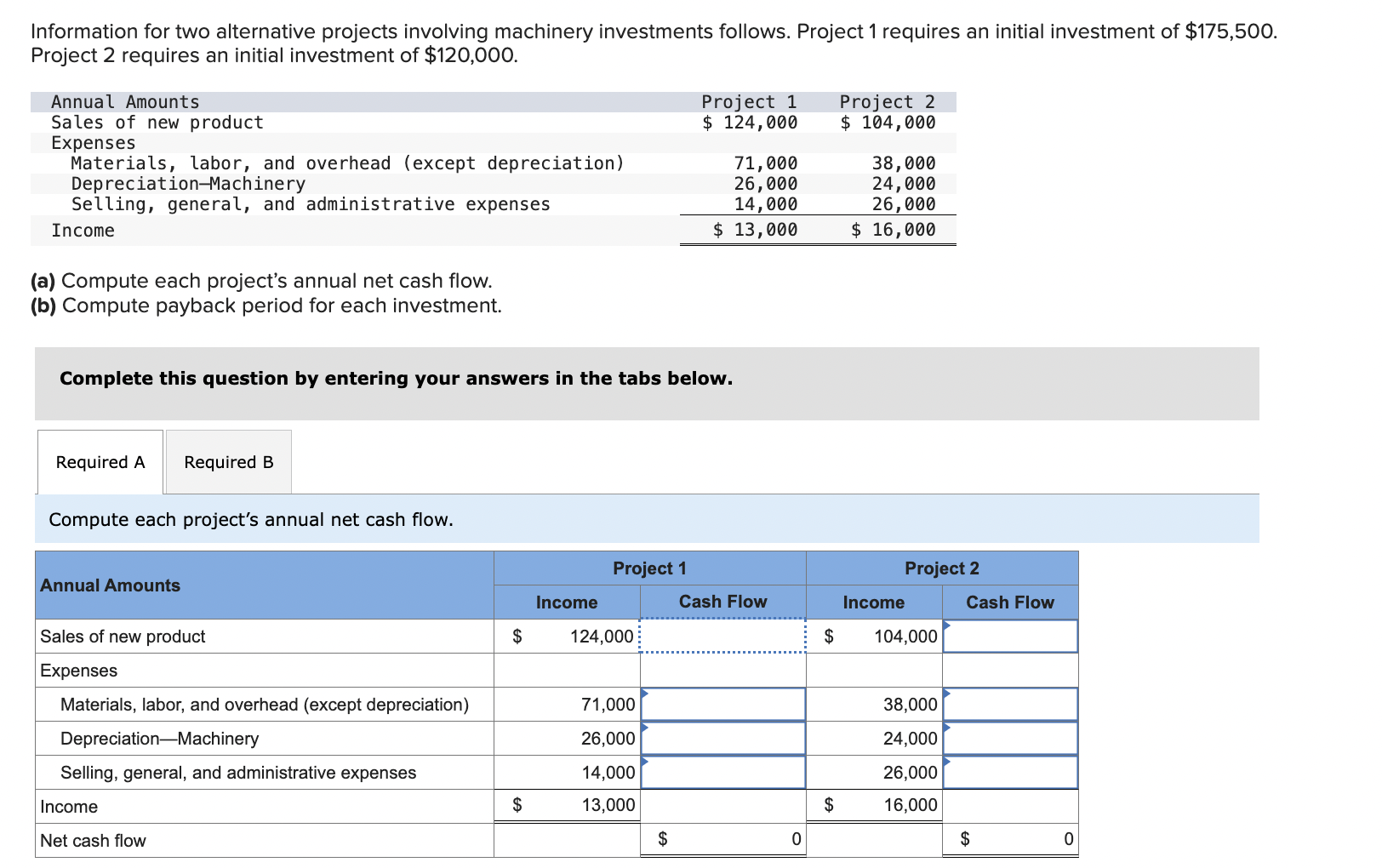 solve this question Information for two alternative projects involving machinery investments follows.