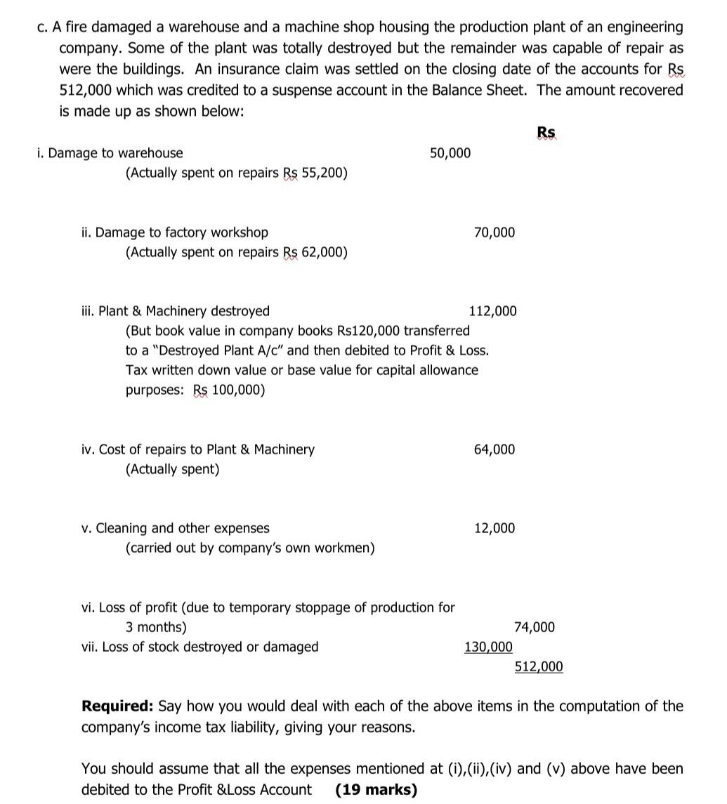  c. A fire damaged a warehouse and a machine shop housing