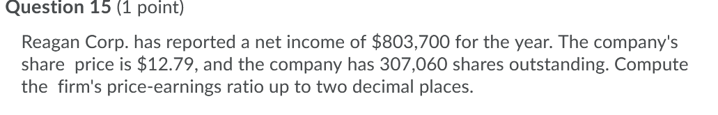  Question 15 (1 point) Reagan Corp. has reported a net income