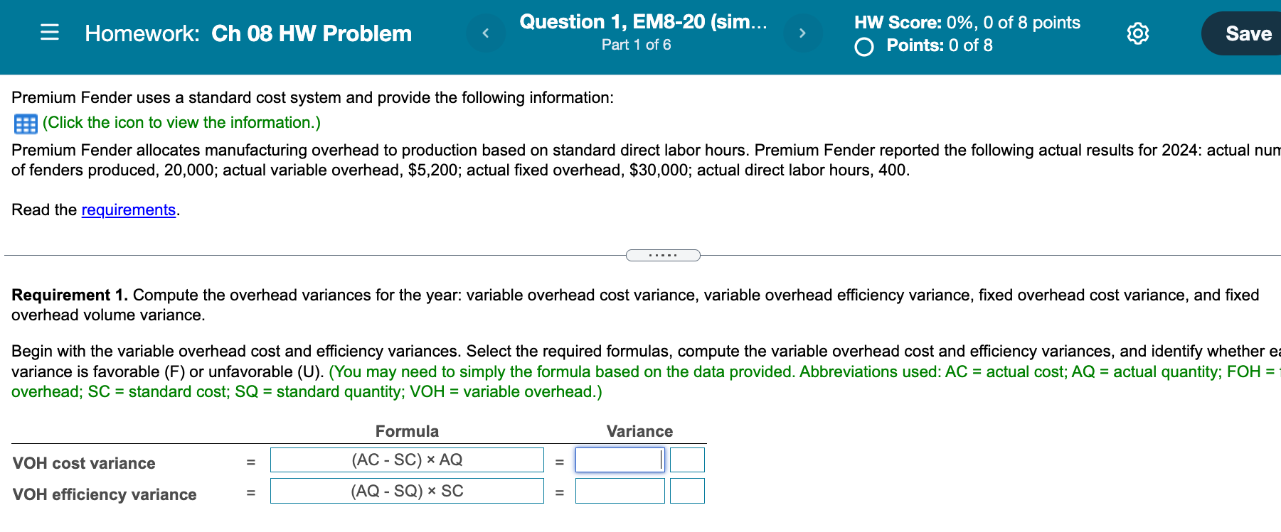 = Homework: Ch 08 HW Problem Question 1, EM8-20 (sim... Part