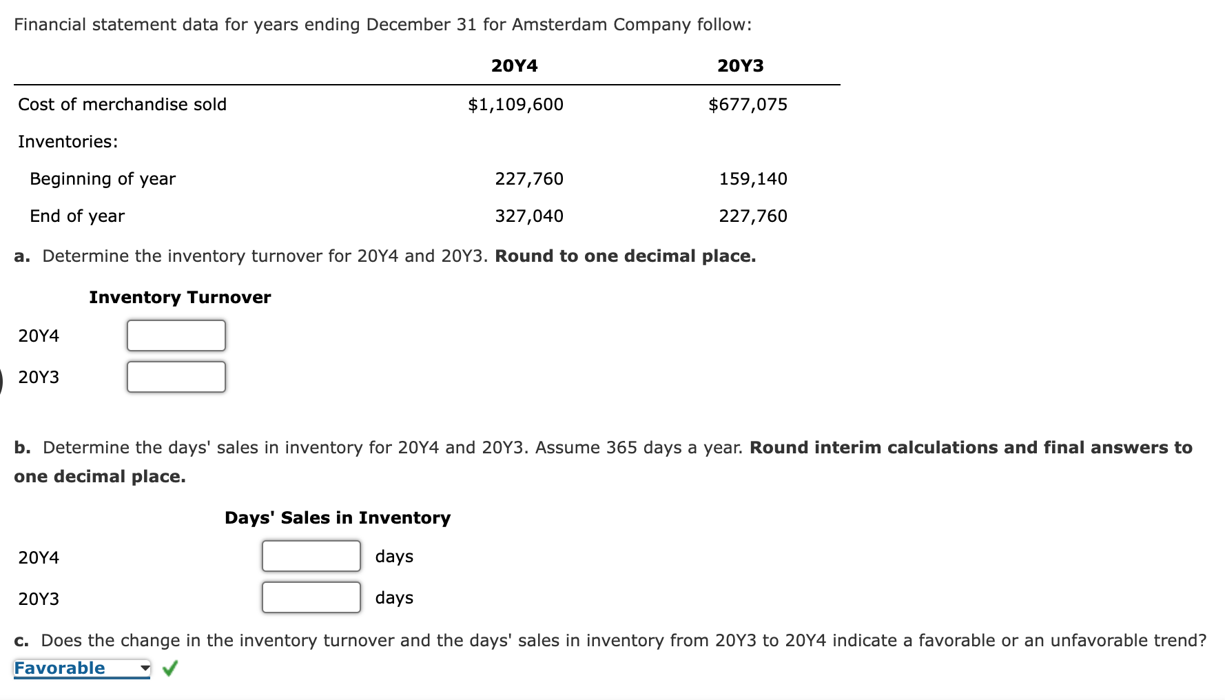 Financial statement data for years ending December 31 for Amsterdam Company