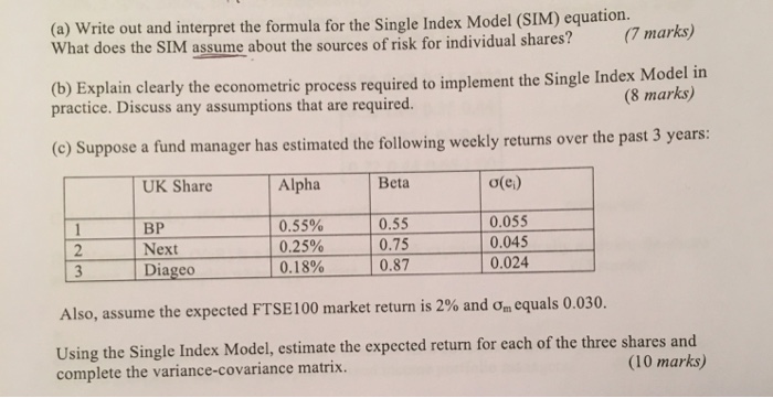  (a) Write out and interpret the formula for the Single Index