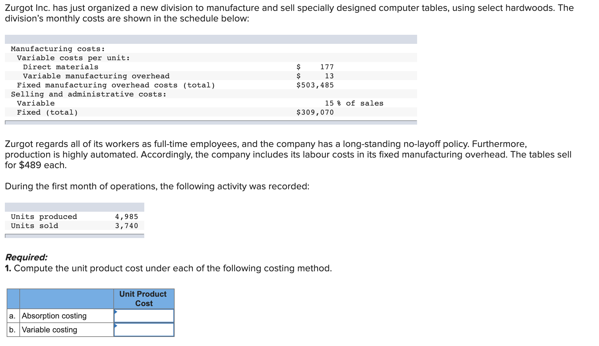  2. Prepare an income statement for the month using absorption costing.
