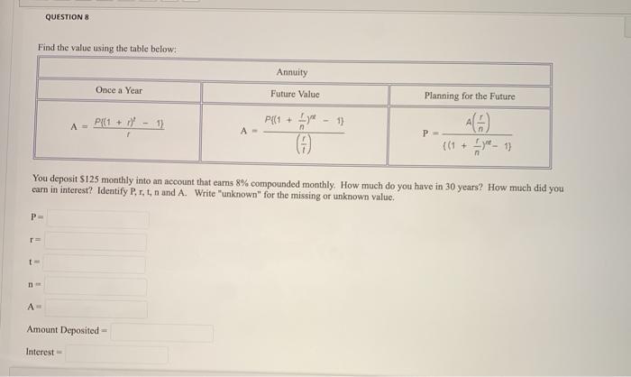  QUESTION Find the value using the table below: Annuity Once a