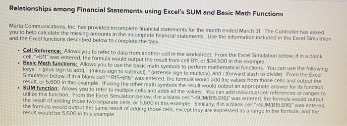  Relationships among Financial Statements using Excel's SUM and Basic Math Functions