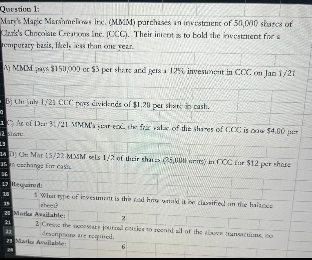 Please answer for a like! Question 1: Mary's Magic Marshmellows Inc. (MMM)
