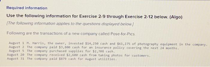  Required information Use the following information for Exercise 2-9 through Exercise