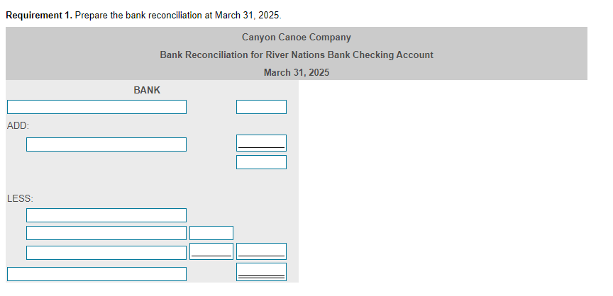 March 31, 2025. 2. Journalize any transactions required from the bank reconciliation.