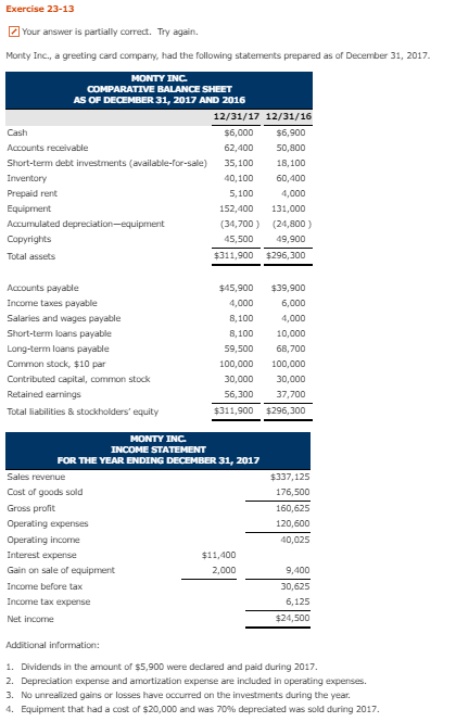 Exercise 23-13 Your answer is partially correct. Try again. Monty Inc.,