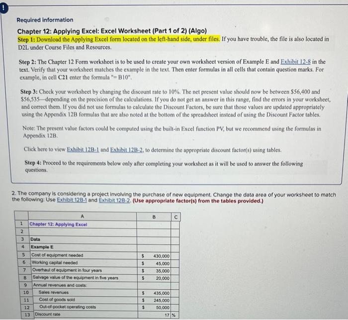 Example E 5 Cost of equipment needed $60,000 6 Working capital needed