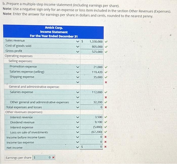 of Amick Corp. at December 31. a. Prepare a single-step income statement