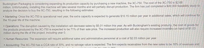 Buckingham Packaging is considering expanding its production capacity by purchasing a